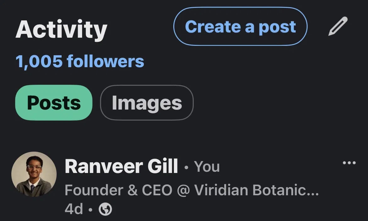 LinkedIn activity screenshot showing 1,005 followers and Ranveer Gill listed as Founder and CEO at Viridian Botanicals.