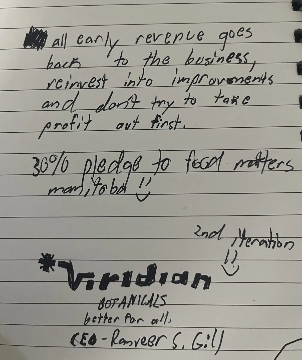 Handwritten notebook page with the 30% pledge to Food Matters Manitoba, the Viridian Botanicals logo sketch marked '2nd iteration', the tagline 'better for all,' and 'CEO Ranveer S. Gill.'